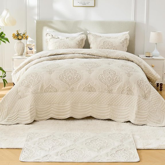Bedspread Coverlet Set  Size - Lightweight Bedding Cover - Beautiful Stitching - 4 count Reversible Bedspread, Light Beige | Lightweight