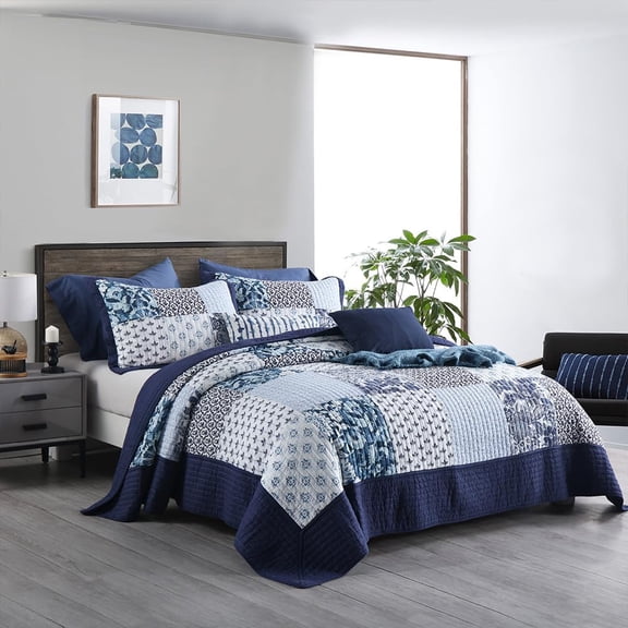 Bedspread Quilt Sets Reversible Bedding Coverlet Sets Luxury Floral White Blue Real Patchwork Bedspread, Size