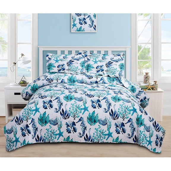 Bedspread Set  Size Quilts Beach Bedding Coastal  Reversible Quilts Summer Bedspread Coverlet Soft Lightweitht Quilt Bedding Tropical Bed Set  Collection Quilt with Shams Aqua