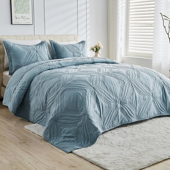 Bedspreads 128x120 for Tall or Cal Bed Quilted Coverlet Set 3 count Include 1 Extra Wide Quilt 2 Pillowcases Blue
