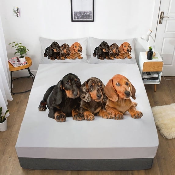 Bedspreads Fashionable 3D Dog Printed Vintage Fitted Cover White Background Bedding Sheetss,Queen (60"x80")