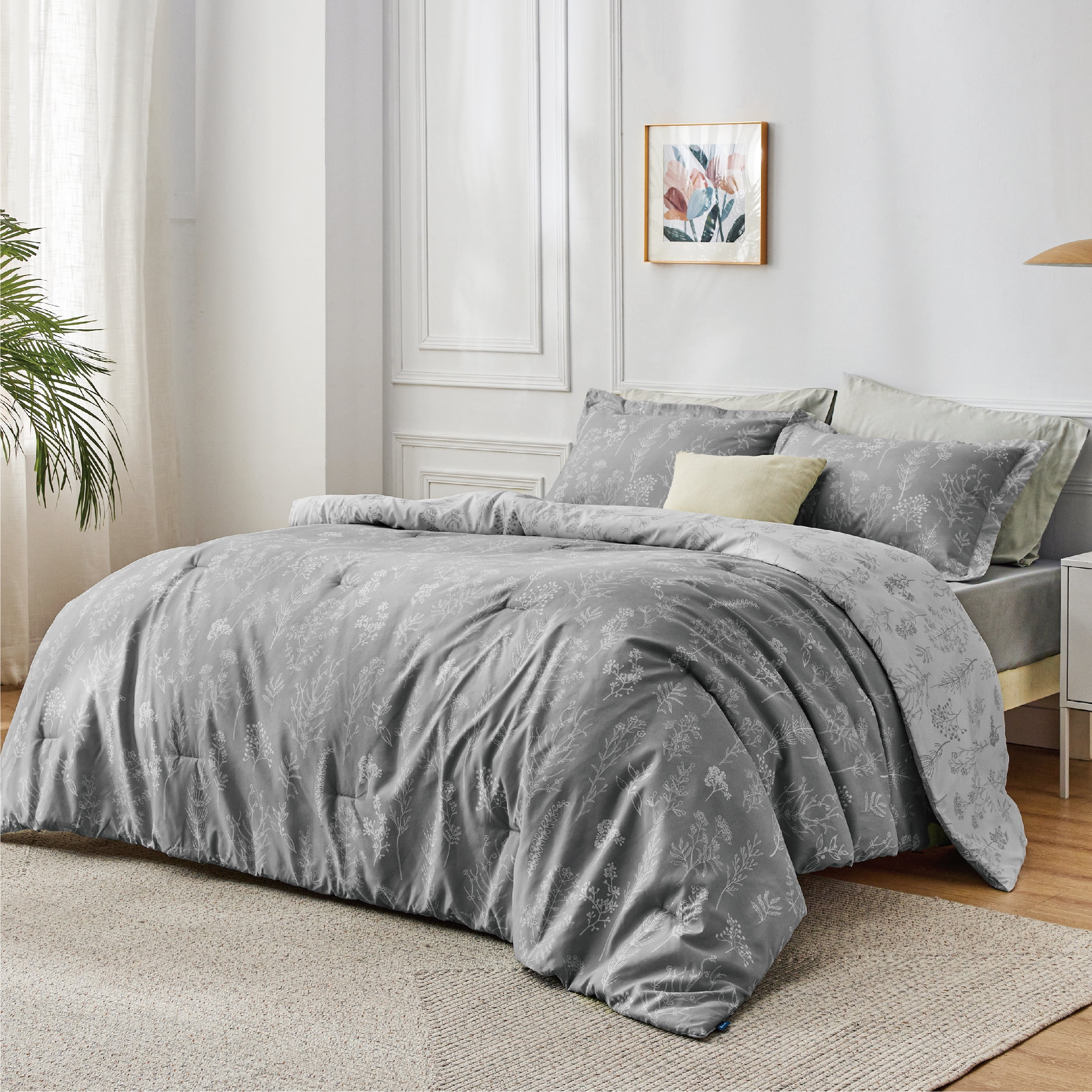 Cozy Comfort 3 Pieces Grey King Size Comforter Sets, Flowers Botanical Lightweight Soft Bedding Set