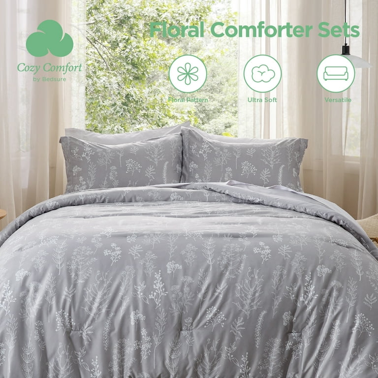 Cozy Comfort 3 Pieces Grey King Size Comforter Sets, Cute Flowers 