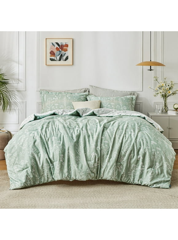 Bedsure 3 Pieces Sage Green Floral Comforter Sets, 1 Soft Reversible Botanical Flowers Comforter and 2 Pillow Shams, Queen Size