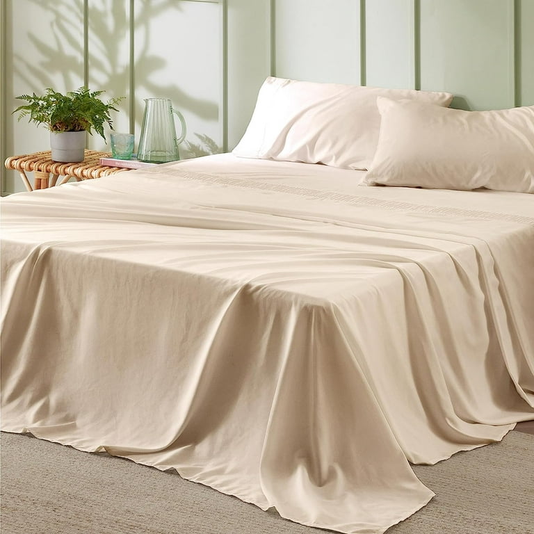Bedsure Queen Sheet Set - Soft Sheets for Queen Size Bed, 4 Pieces Hotel Luxury Beige Sheets Queen, Easy Care Polyester Microfiber Cooling Bed Sheet