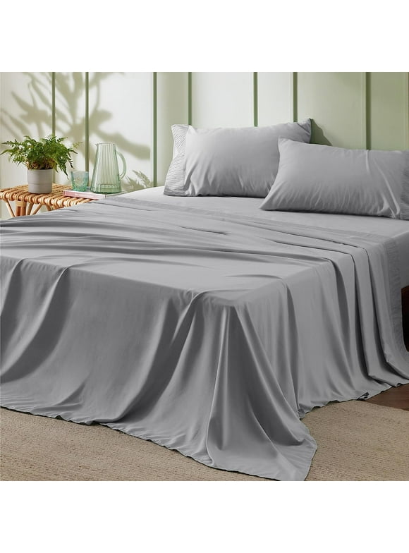 Bedsure 4 Pieces Hotel Luxury Light Grey Sheets Queen，Easy Care Polyester Microfiber material Cooling Bed Sheet Set