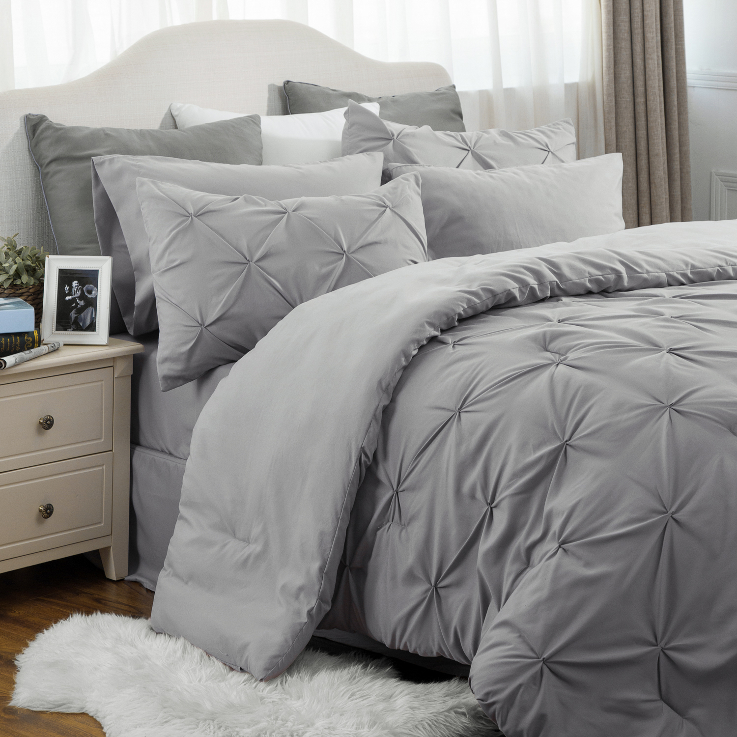 Bedsure 8 Piece Solid Grey Pinch Pleat Comforter Set Down