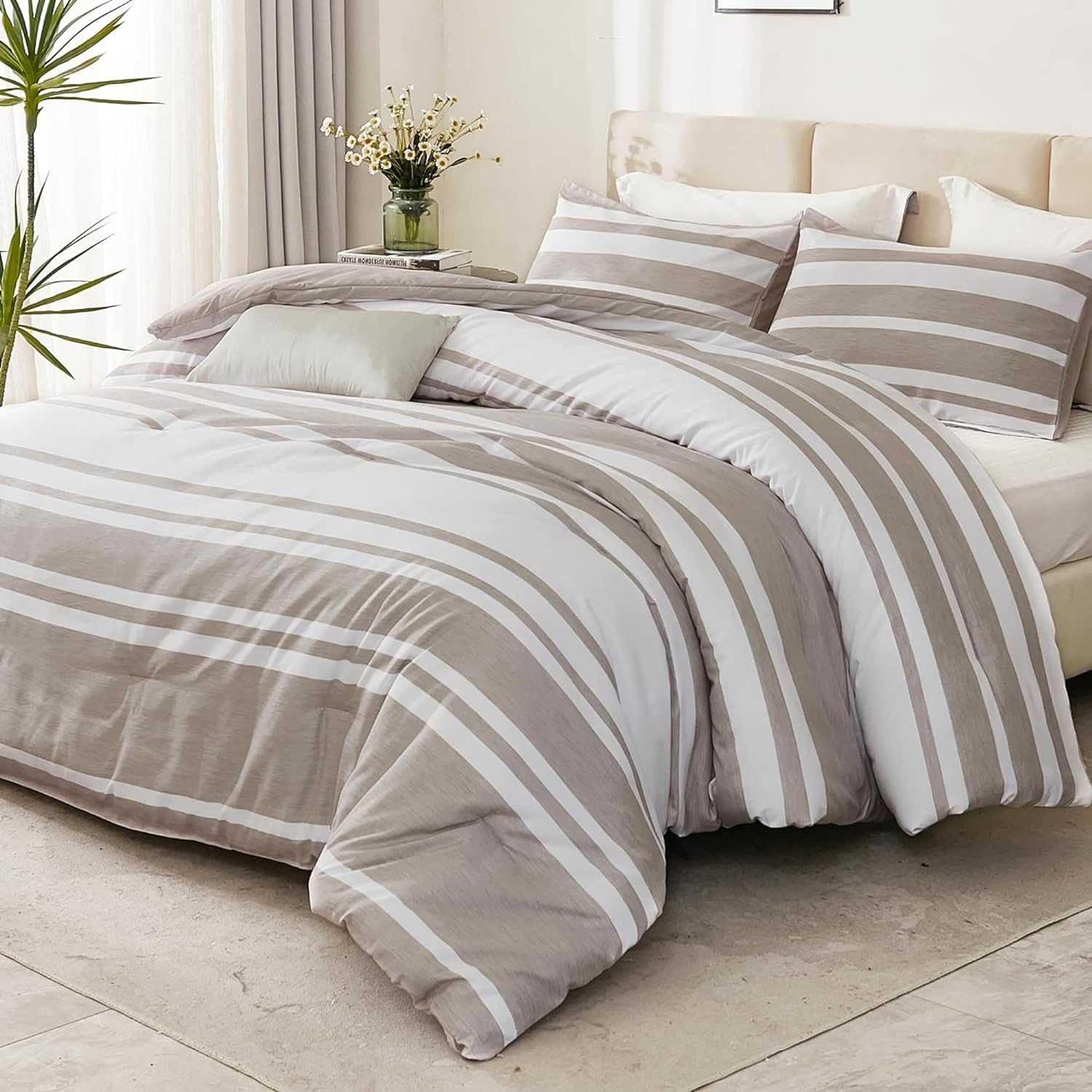 Bedsure Bed in a Bag Queen 7 Pieces, Light Camel White Striped Bed Set