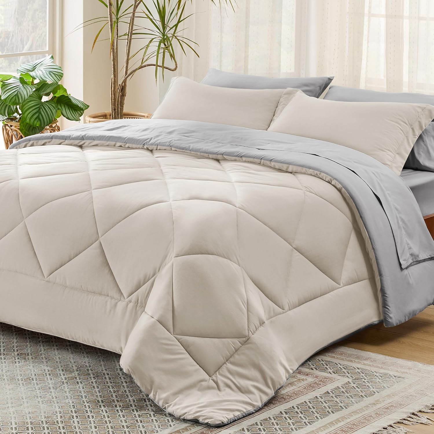 Beige Queen Reversible Microfiber Down Alternative Bed in a Bag Set