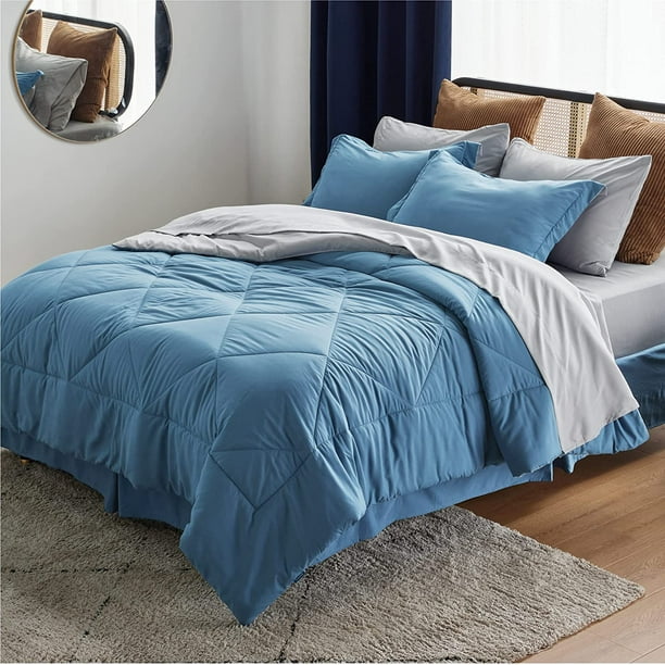 Bedsure Blue Comforter Set Queen 7 Pieces Reversible Bed in a Bag