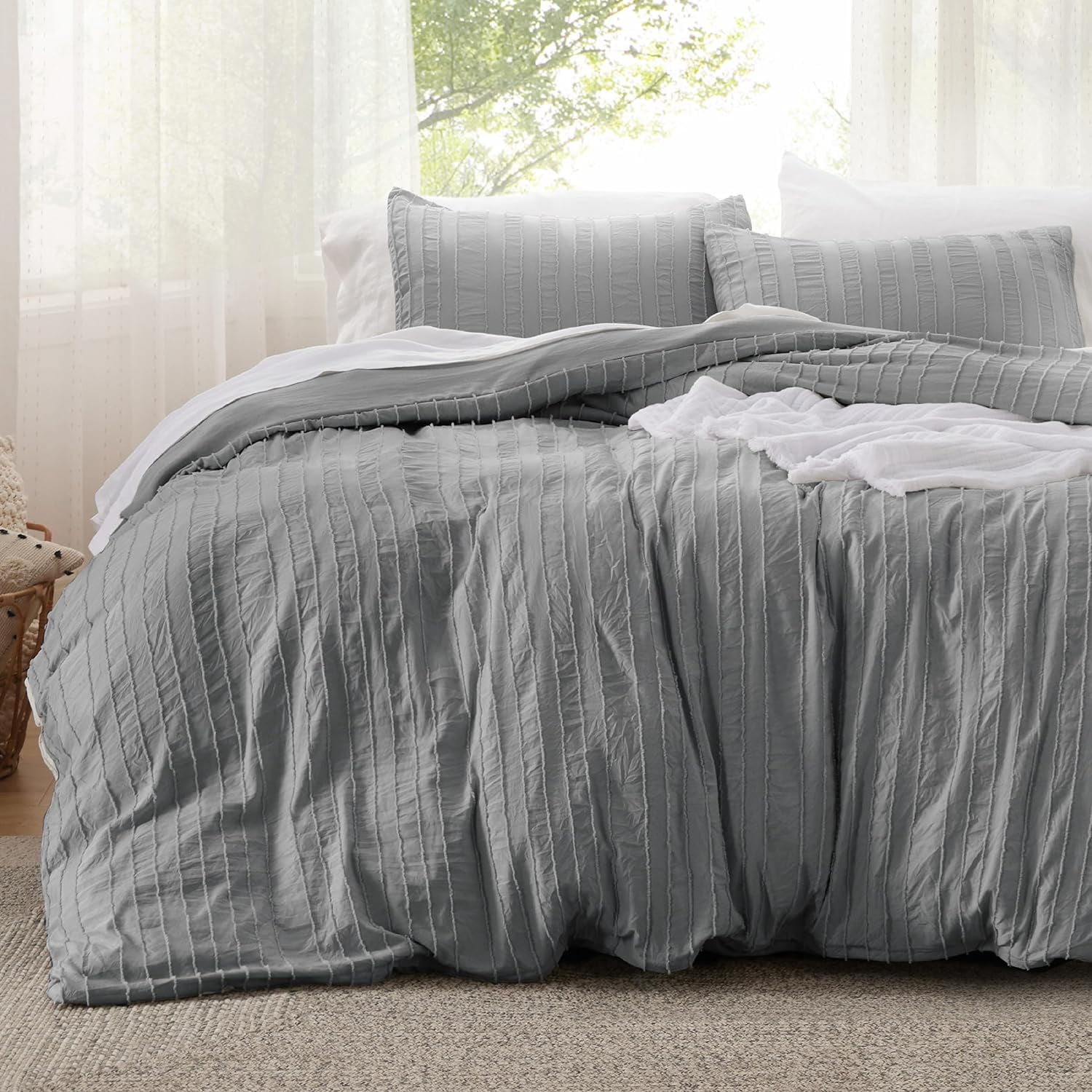 Queen Comforter Set 7-Piece Bed In A Bag – Blue Vertical Striped Boho Farmhouse Bedding, Microfiber