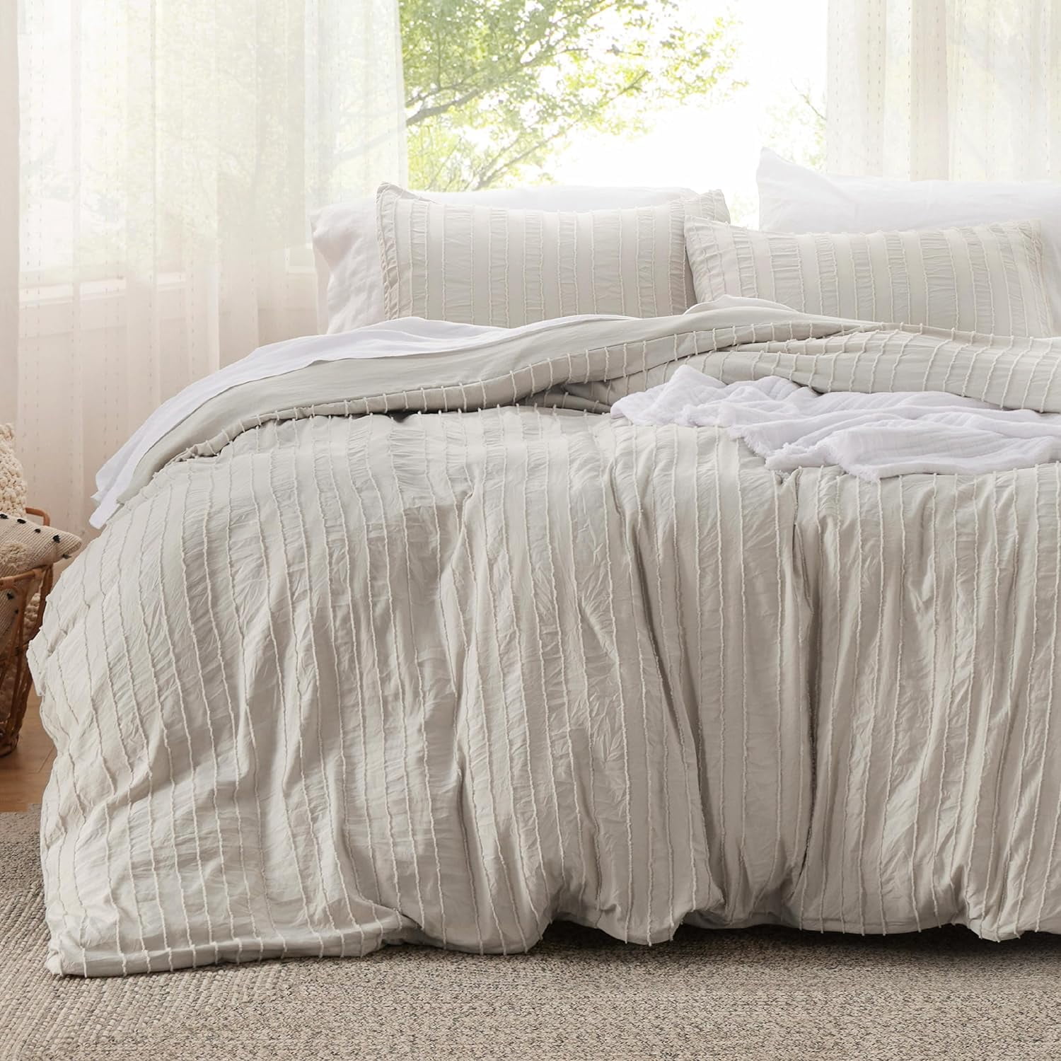 Cozy Comfort Boho Comforter Set Queen Linen Color Tufted 3 Pieces Farmhouse Shabby Chic Embroidery Bed Set Striped Pattern Comforter for All Seasons Walmart