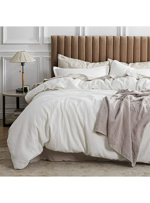Bedsure Cotton Duvet Cover King - 100% Cotton Waffle Weave Coconut White Duvet Cover , Soft and Breathable Duvet Cover Set for All Season (King, 104"x90")