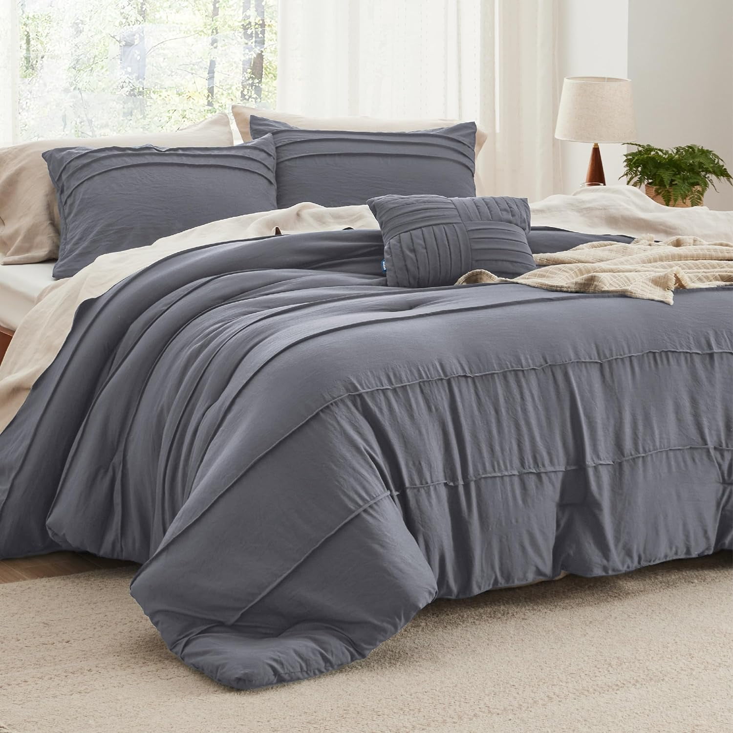 Cozy Comfort Dark Grey Queen Comforter Set 4 Pieces Pinch Pleat Bed Set, Down Alternative