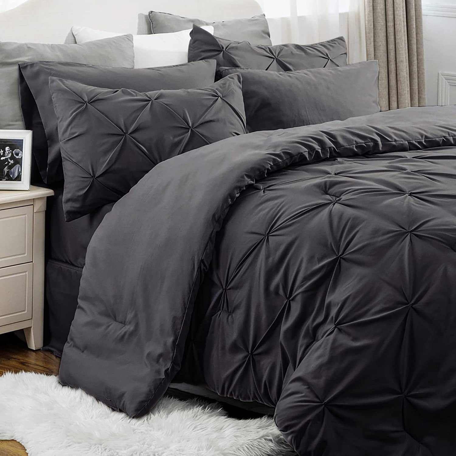 Bedsure Dark Grey Queen Comforter Set - 7 Pieces Pintuck Bed in A Bag, with  Comforters, Sheets, Pillowcases & Shams