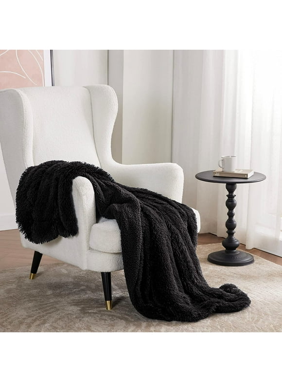 Bedsure Faux Fur Throw Blankets Black - Fluffy Blankets & Throws Shaggy Blanket, 50x60 Inches