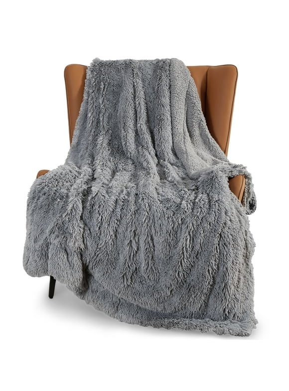 Bedsure Faux Fur Twin Blankets Grey - Fluffy Blankets & Throws Shaggy Faux Fur Blanket, 60x80 Inches