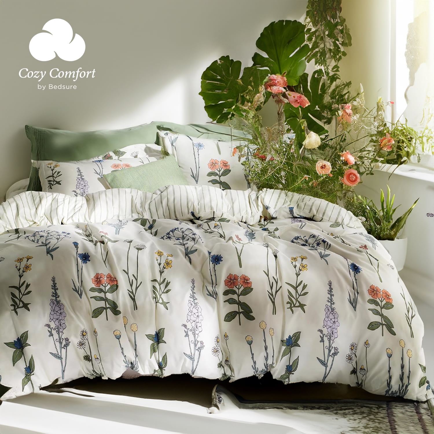 Cozy Comfort Floral White Comforter Set - King Size, Fluffy Soft Microfiber Comforter, 3 Pieces ...