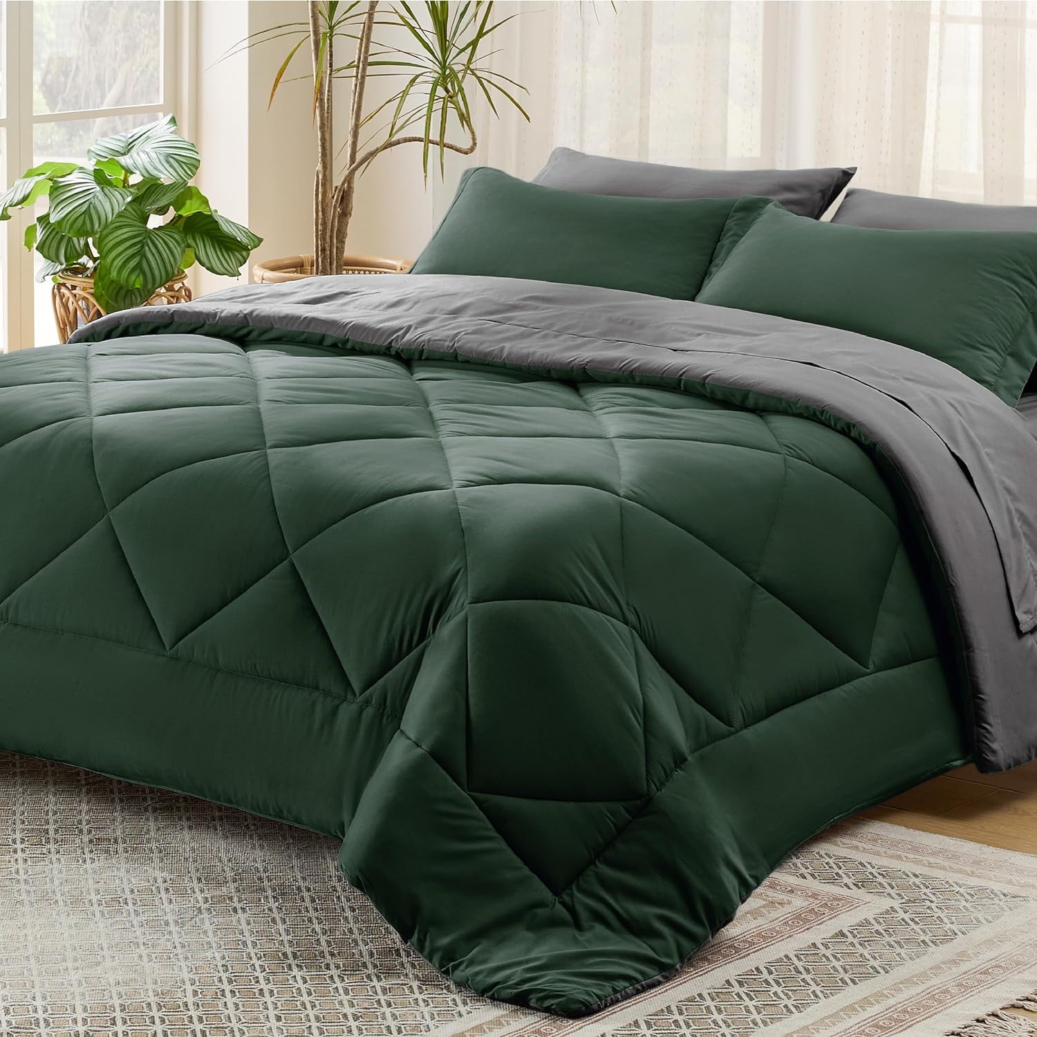 Cozy Comfort Forest Green Full Size Comforter Set 7 Pieces Reversible Full Bed in a Bag Full Bed Set Forest Green and Grey with Comforters Sheets Pillowcases Shams Walmart