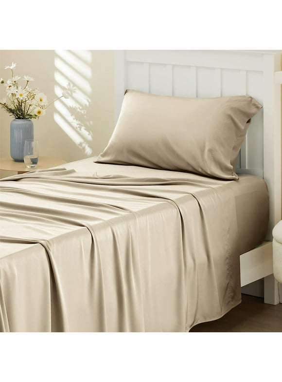 Bedsure Full Cooling Bed Sheets Set, Rayon Derived from Bamboo, Hotel Luxury Silky Breathable Bedding Sheets & Pillowcases, Beige
