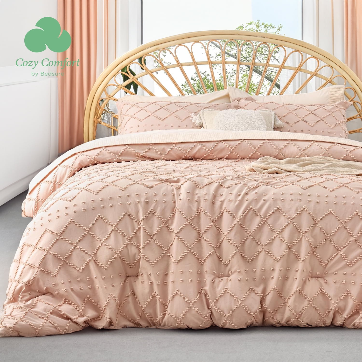 Cozy Comfort Full Size Comforter Set Coral Pink Comforter Boho Tufted Shabby Chic Bedding Comforter Set 3 Pieces Vintage Farmhouse Bed Set for All Seasons Fluffy Bedding Set with 2 Pillow