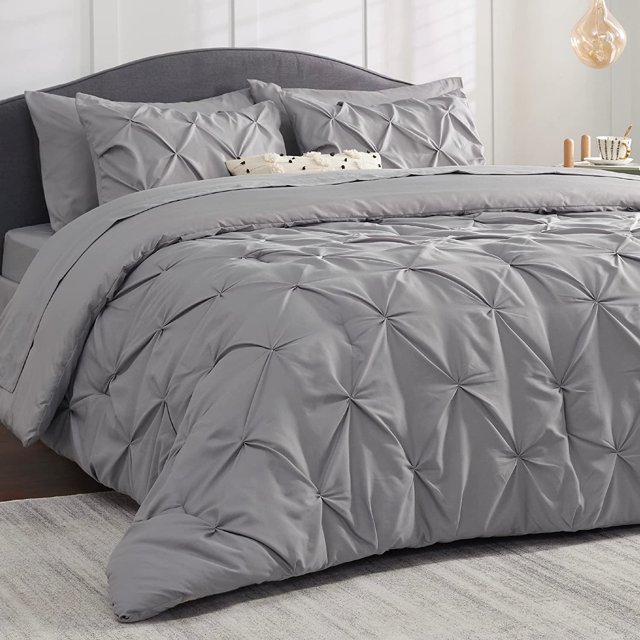 Bedsure King Comforter Set 7 Pieces Pinch Pleat Grey Bed in A Bag with
