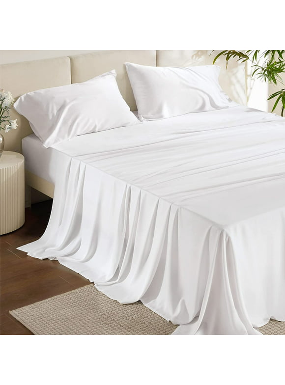 Bedsure King Cooling Bed Sheets Set, Rayon Derived from Bamboo, Hotel Luxury Silky Breathable Bedding Sheets & Pillowcases, White