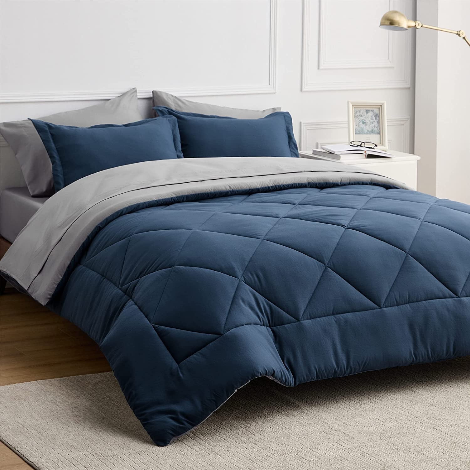 Cozy Comfort Navy Bedding Set Queen - 7 Pieces Reversible Bed Sets in a Bag with Comforters, Sheets, Pillowcases & Shams, Comforter