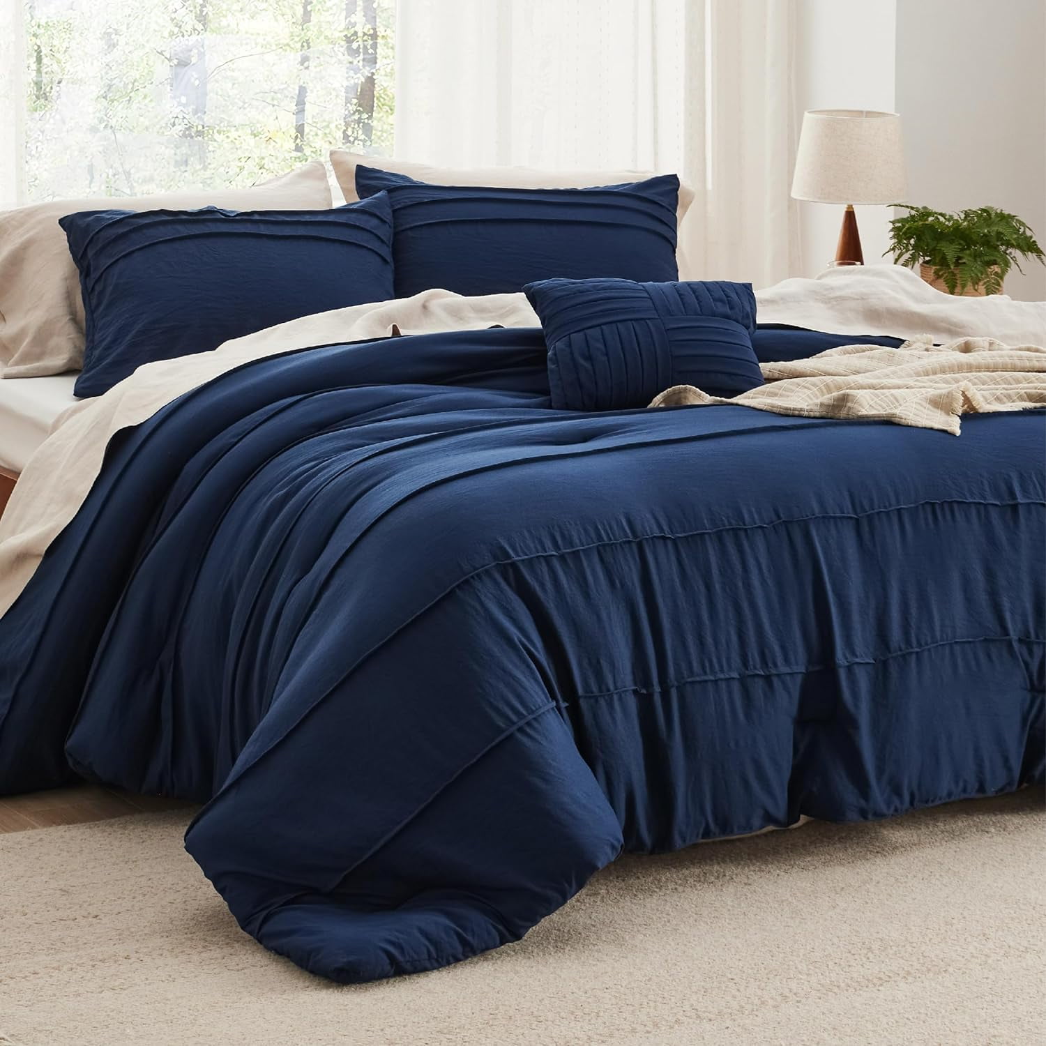 Bedsure Navy Blue Microfiber Queen Comforter Set 4 Piece Pinch Pleat