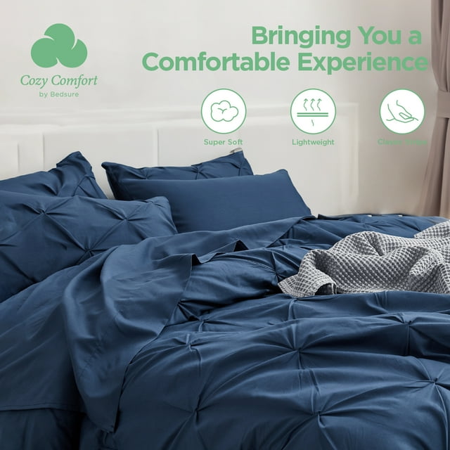 Bedsure King Size Navy Comforter Set 7 Pieces Pintuck Bed in A Bag