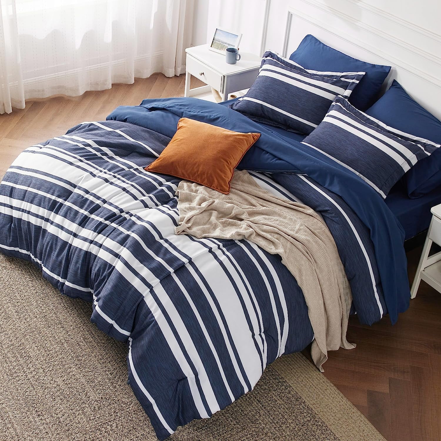 Cozy Comfort 7-Pieces Navy White Striped Comforter Bedding Sets, Queen