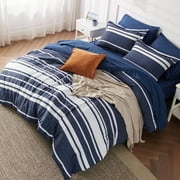 Bedsure Navy Comforter Set Queen 7 Pieces, Navy White Striped Bedding Sets All Season Bed in a Bag, 2 Pillow Shams, Flat Sheet, Fitted Sheet and 2 Pillowcases