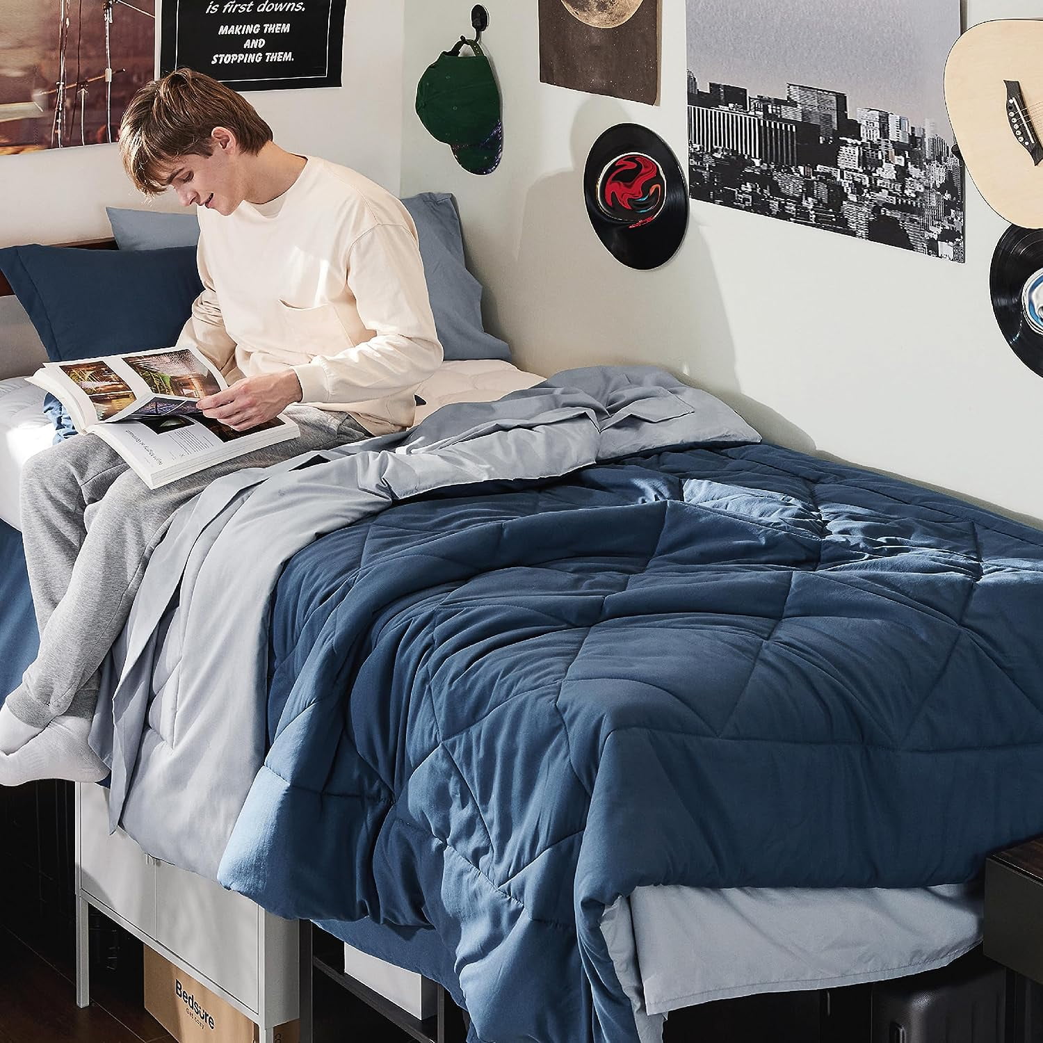 Bedsure Navy Comforter Set Twin XL 5 Pieces Reversible Bed in a Bag