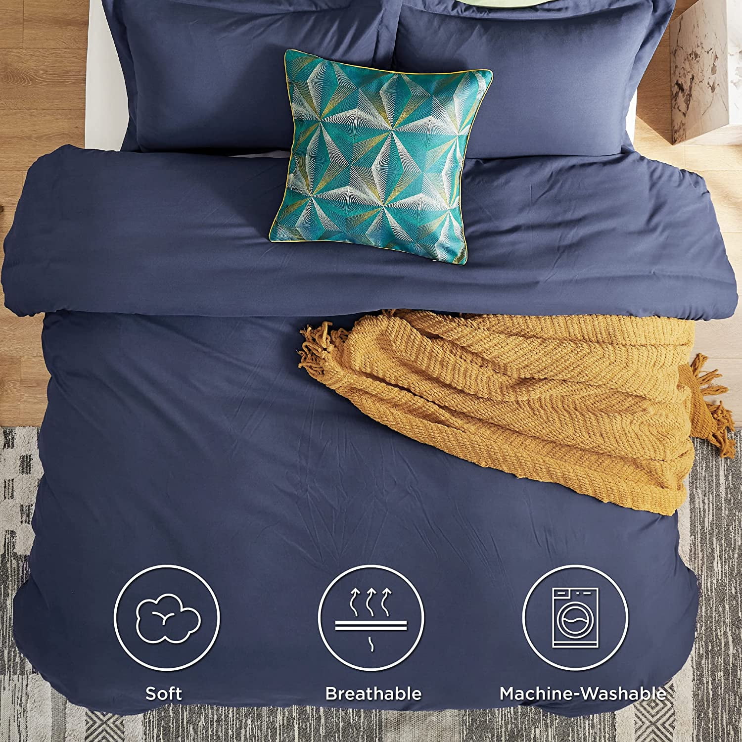 Bedsure Navy Duvet Cover King Size, Set 3 Pieces with Zipper Closure, 1