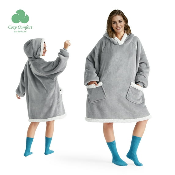 Cozy Comfort Oversized Wearable Giant Pocket Blanket Hoodie for Men Indoors and Outdoors, Sherpa Fleece Hooded Blanket for Adult, Grey