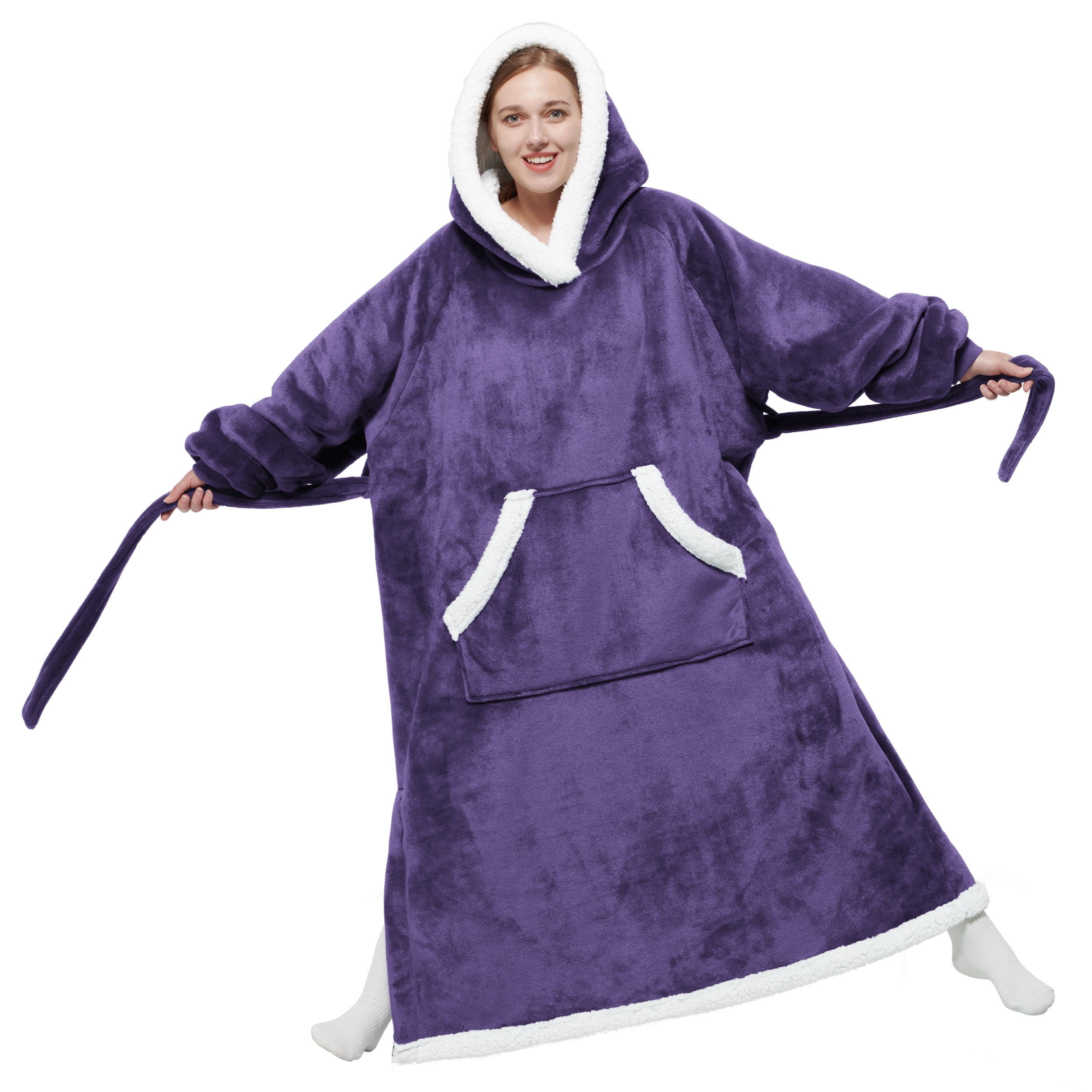 Bedsure Standard Side Split and Belt Wearable Blanket Hoodie, Long Sherpa  Fleece Blanket Sweatshirt with Warm Big Hood, Gothic Grape - Walmart.com