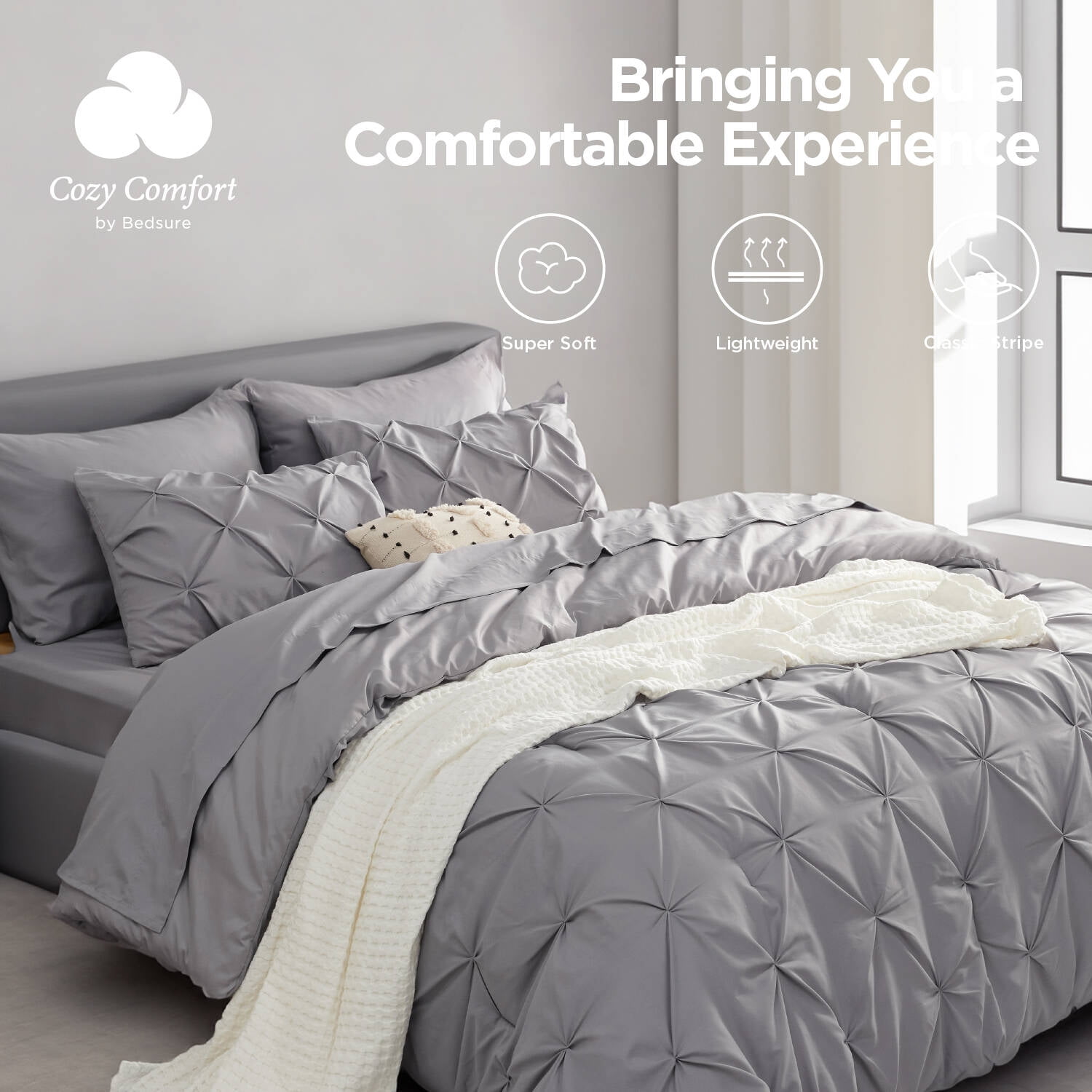 Cozy Comfort Queen Comforter Set 7 Pieces Grey Comforters Pintuck Bedding Sets for All Season Bed in a Bag with Flat Sheet and Fitted Sheet