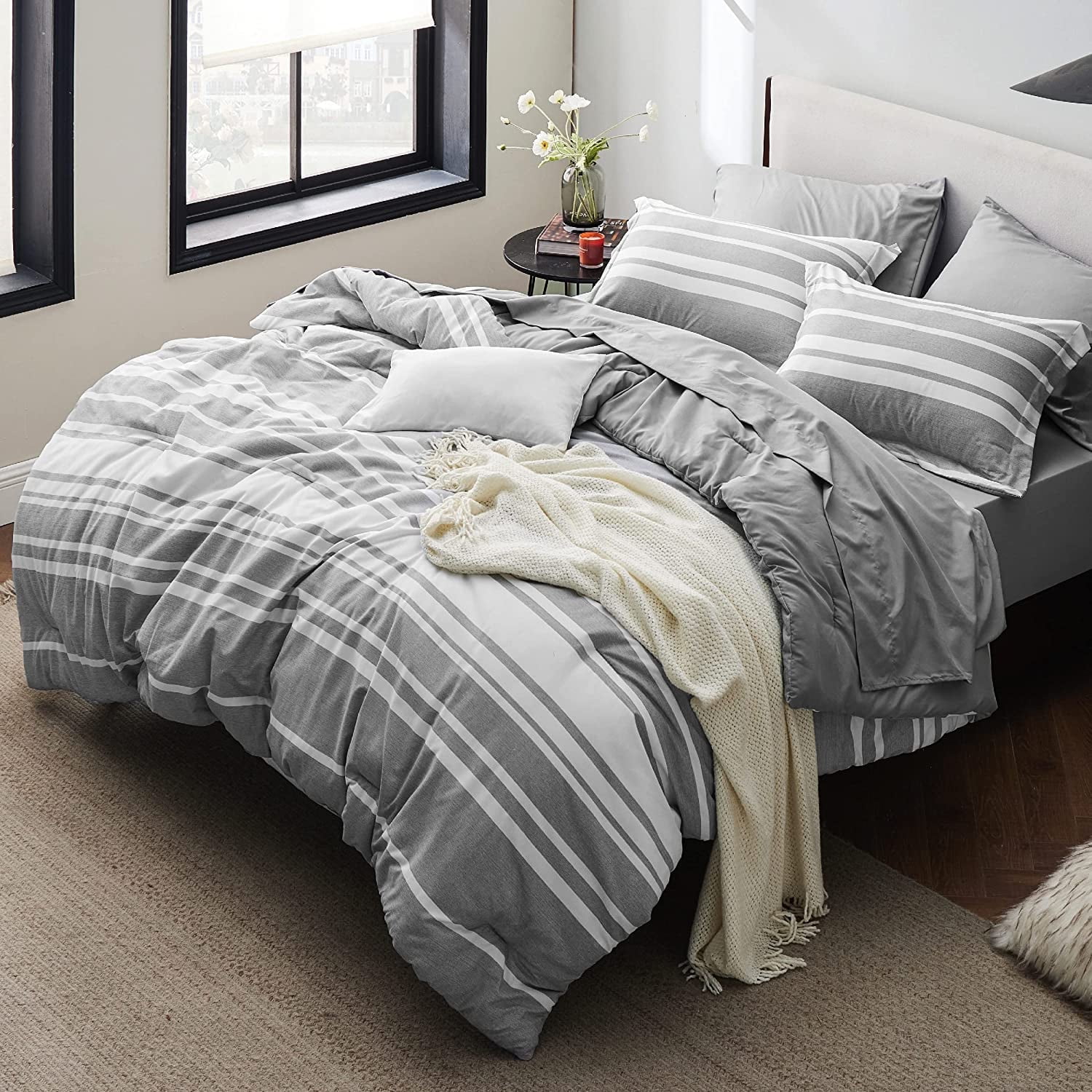 Cozy Comfort 7 Pieces Grey White Striped Comforter Bed in a Bag Queen