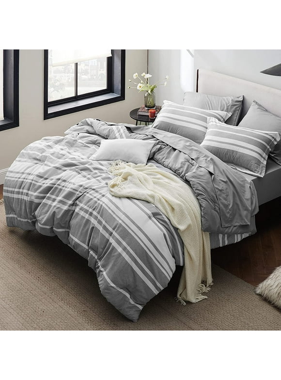 Bedsure Queen Comforter Set 7 Pieces, Grey White Striped Comforter for Queen Size Bed Reversible, Cationic Dyeing Bed in a Bag with Comforter, Sheets, Pillowcases & Shams