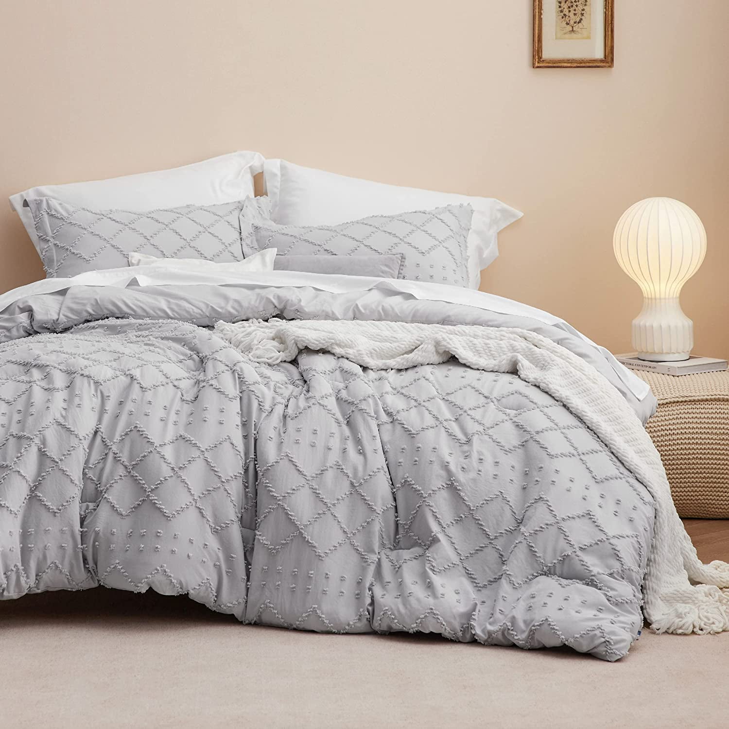 Cozy Comfort Queen Comforter Set Light Grey Comforter, Boho Tufted