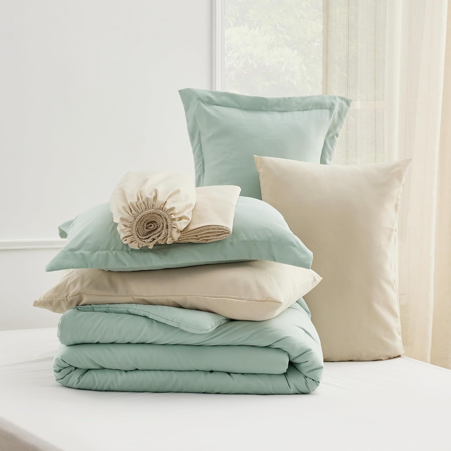 Cozy Comfort Queen Comforter Set Sage Green, 7 Pieces Soft Comforter with Sheets, Pillowcases & Shams, All Season Boho, Contrasting Design