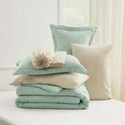 Bedsure Queen Comforter Set Sage Green, 7 Pieces Soft Comforter with Sheets, Pillowcases & Shams, All Season Boho, Contrasting Design