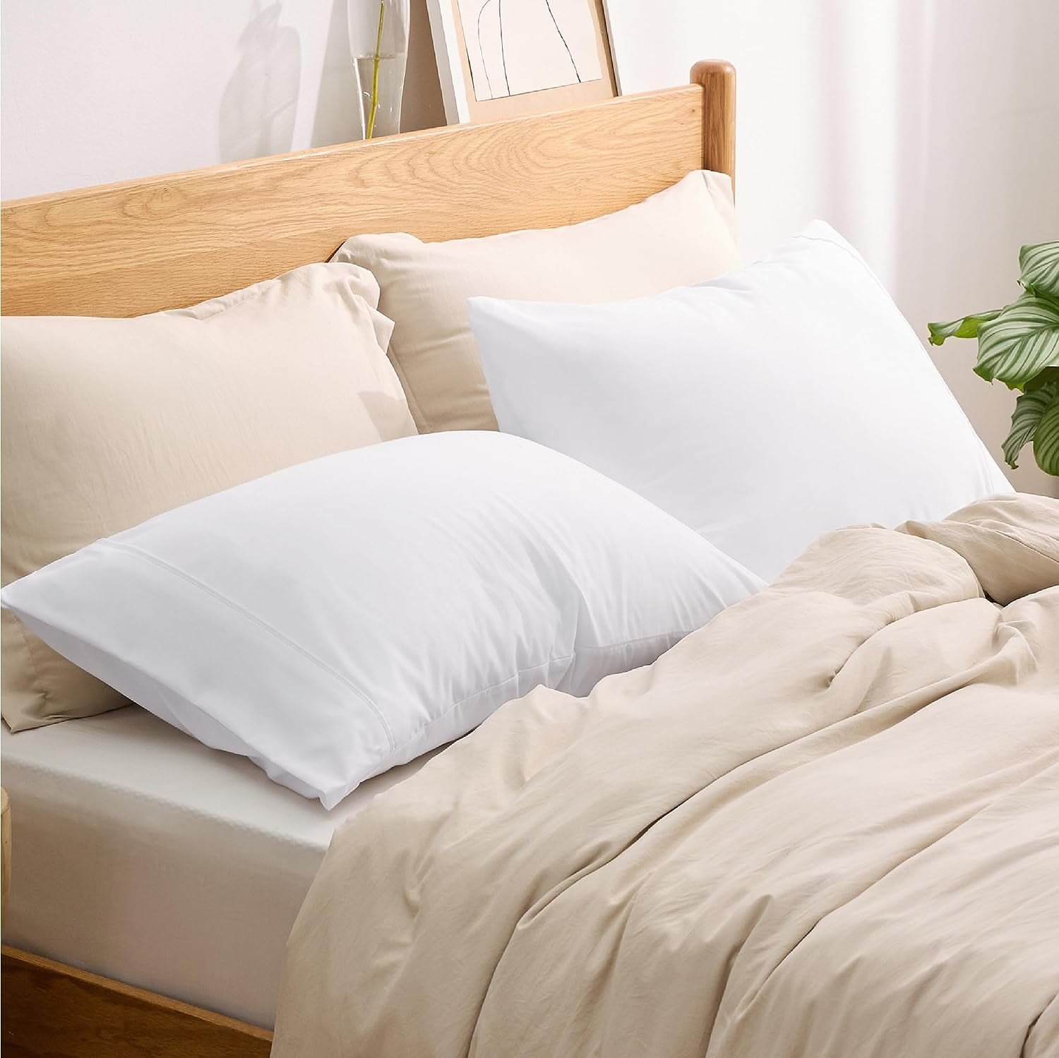 Bedsure Queen Pillowcases Set of 2 White Polyester Microfiber