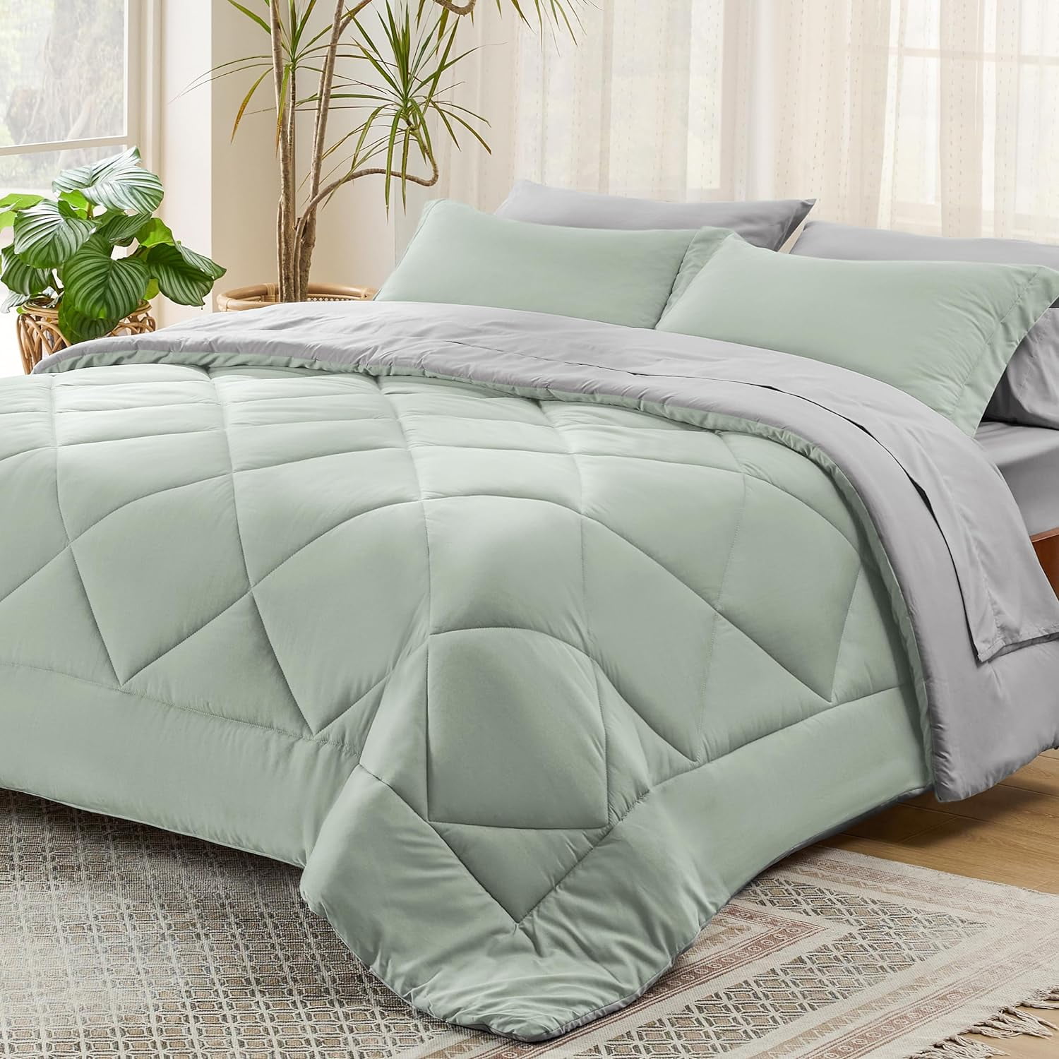 Cozy Comfort Sage Green King Comforter Set 7 Pieces Reversible Bed