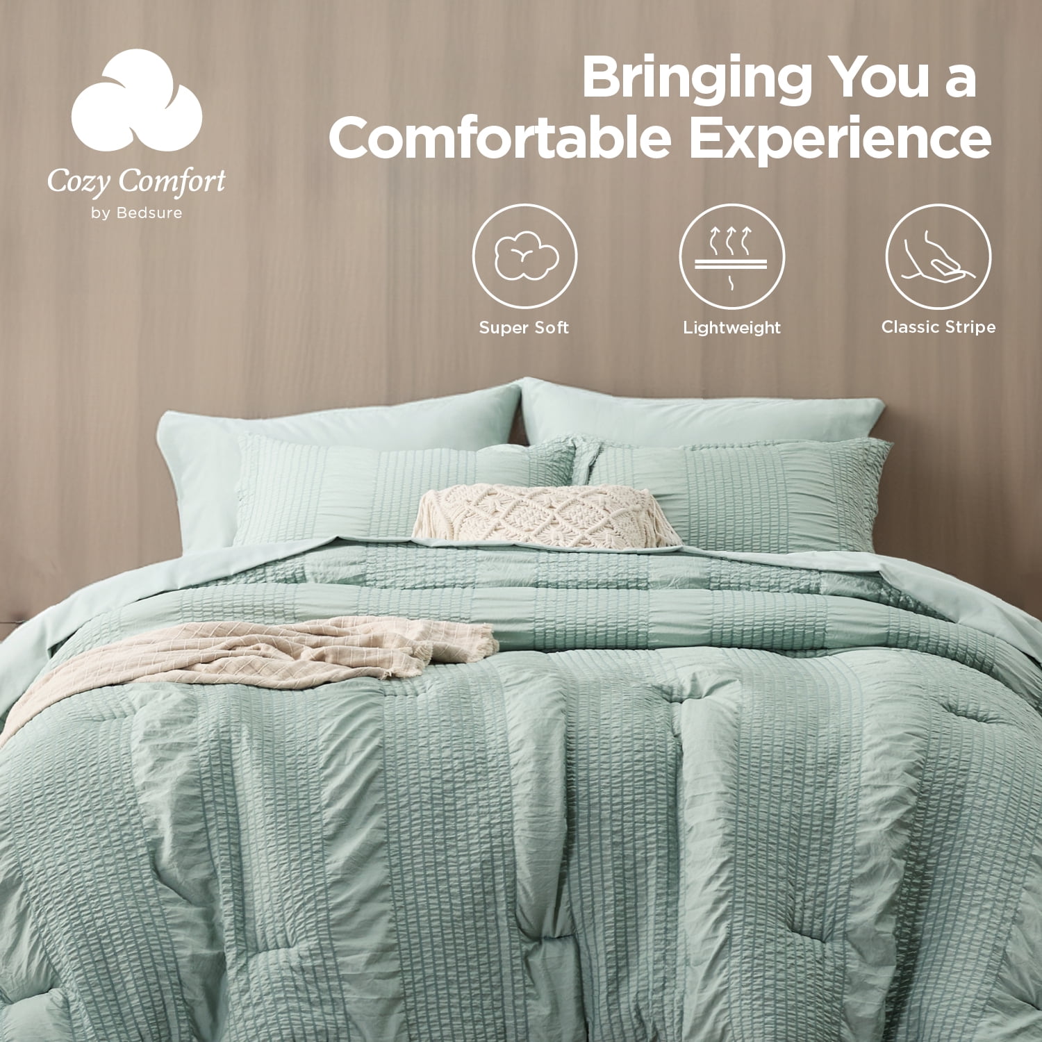 Cozy Comfort Sage Green Queen Size Comforter Set - Bed in a Bag 7 Pieces Stripes Seersucker Bedding Set, Soft Lightweight Down Alternative Comforter, (Sage Green, Queen)