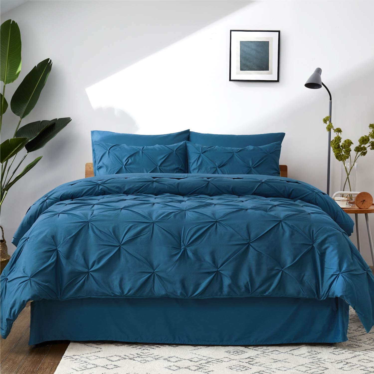 Bedsure King Size Complete Comforter Set 7 Pieces Teal Pintuck Bed in