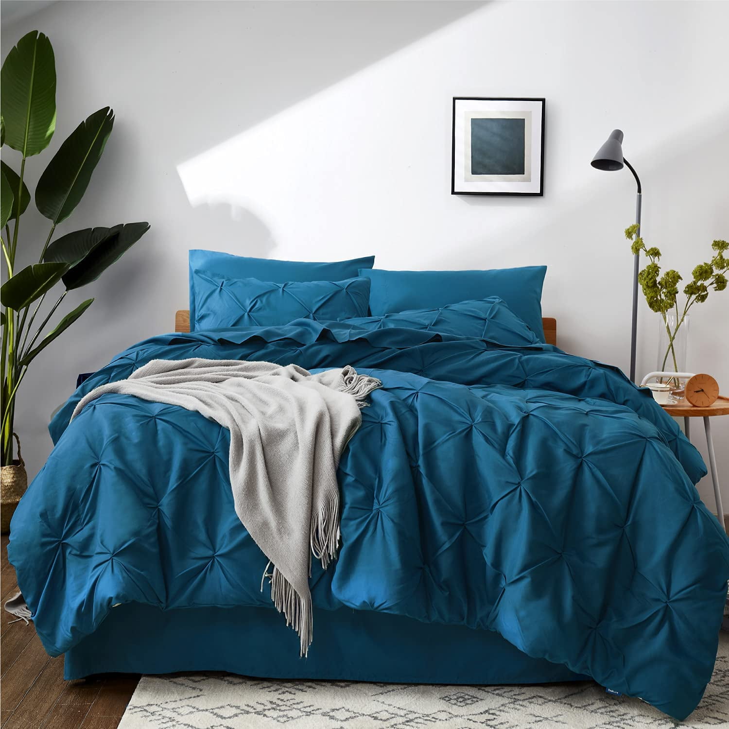 Bedsure Teal Full Bed in A Bag 7 Pieces Pintuck & Geometric Comforter