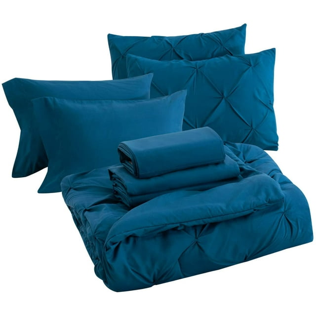 Cozy Comfort Teal Queen Comforter Set 7 Pieces Pintuck Bed in A Bag Queen, Teal Queen Bed Set