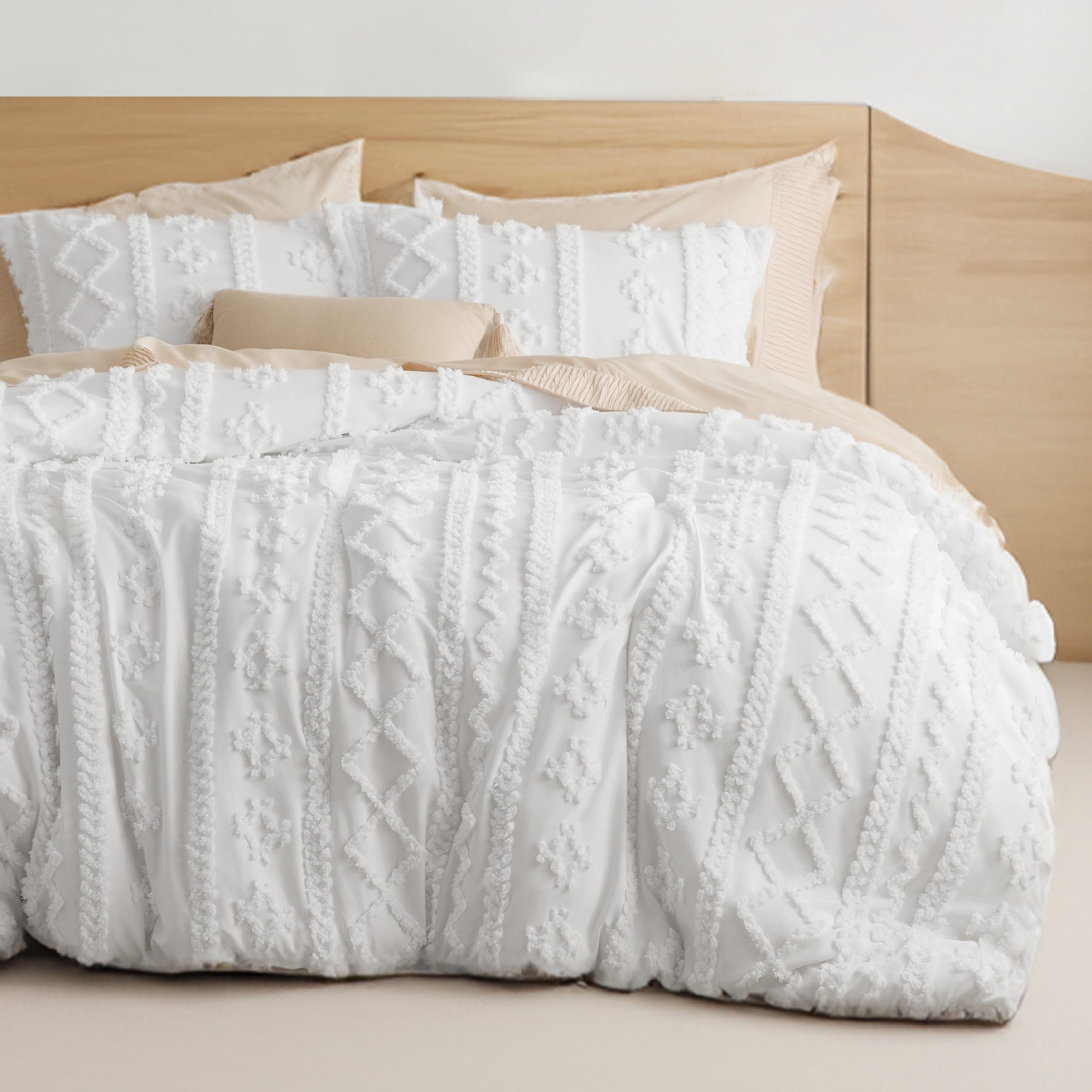 Cozy Comfort Tufted Boho Comforter Set Queen, White, 3 Pieces Farmhouse ...