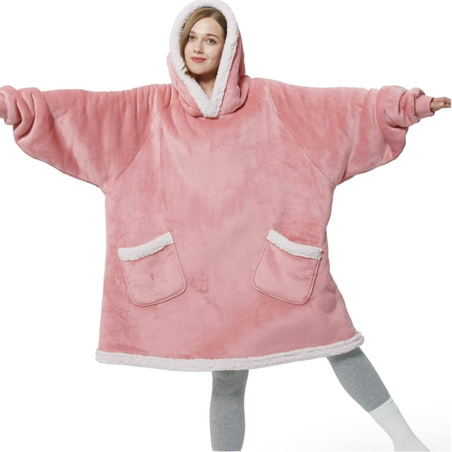 Bedsure Warm & Fashionable Wearable Blanket Hoodie, Giant Pocket Sherpa Fleece Hooded Blanket